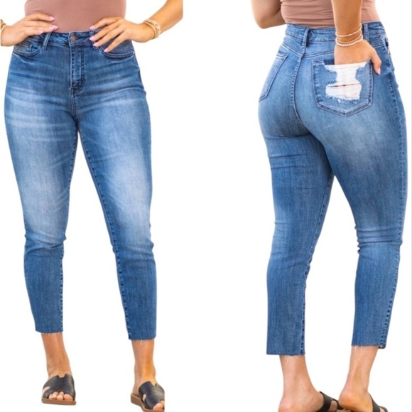 Judy Blue Denim - Judy Blue Distressed Back Pocket Raw Hem Jeans